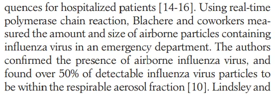 quences for hospitalized patients [14-16]. Using real-time polymerase chain reaction, Blachere and coworkers mea- sured the amount and size of airborne particles containing influenza virus in an emergency department. The authors confirmed the presence of airborne influenza virus, and found over 50% of detectable influenza virus particles to be within the respirable aerosol fraction [10]. Lindsley and